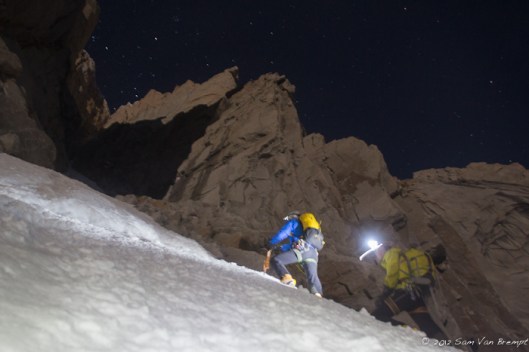 Domen and Tim climbing the first 1000m of the couloir