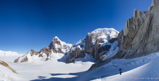 Tim approaching the westside of Cerro Torre, Cerro Rincon and Circo in the backg