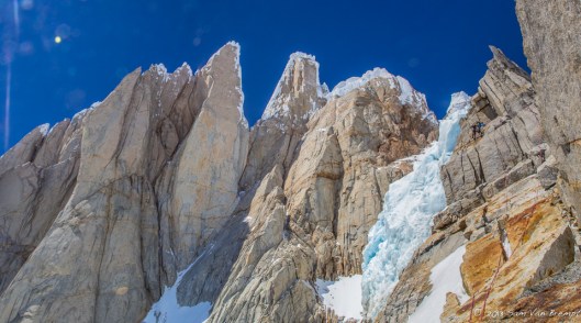 Tim climbing the ridge to get to the upper glacier and Col d'esperanza