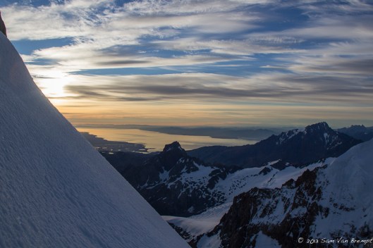 View from "el Elmo" while sun is rising above lake Viedma