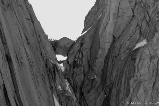 A busy evening at the Col del Bloque Empotrado on the base of Fitz Roy's Goretta Pilar