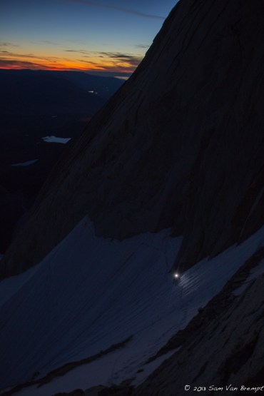 Tim on the long traverse underneath Aguja M&M
