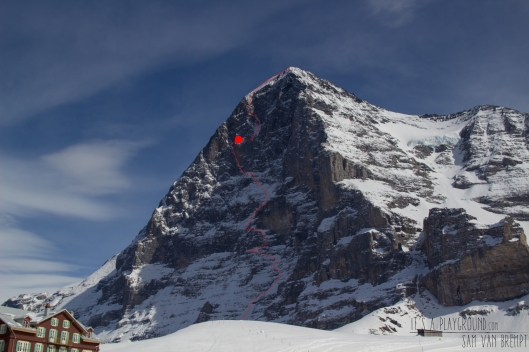 The 1938 Route on the north face of Eiger. The red dot is our bivy