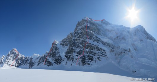 From left to right: Kahiltna Queen West Face (1000m, IV 60° ), Mini Moonflower North Couloir (600m, IV 85° ), Mt Hunter Bibler-Klewin (1800m, VI )
