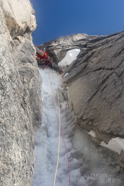 Maxime climbing over the second bulge in the shaft