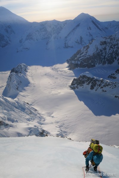 The calf braking blue ice on top of the buttress